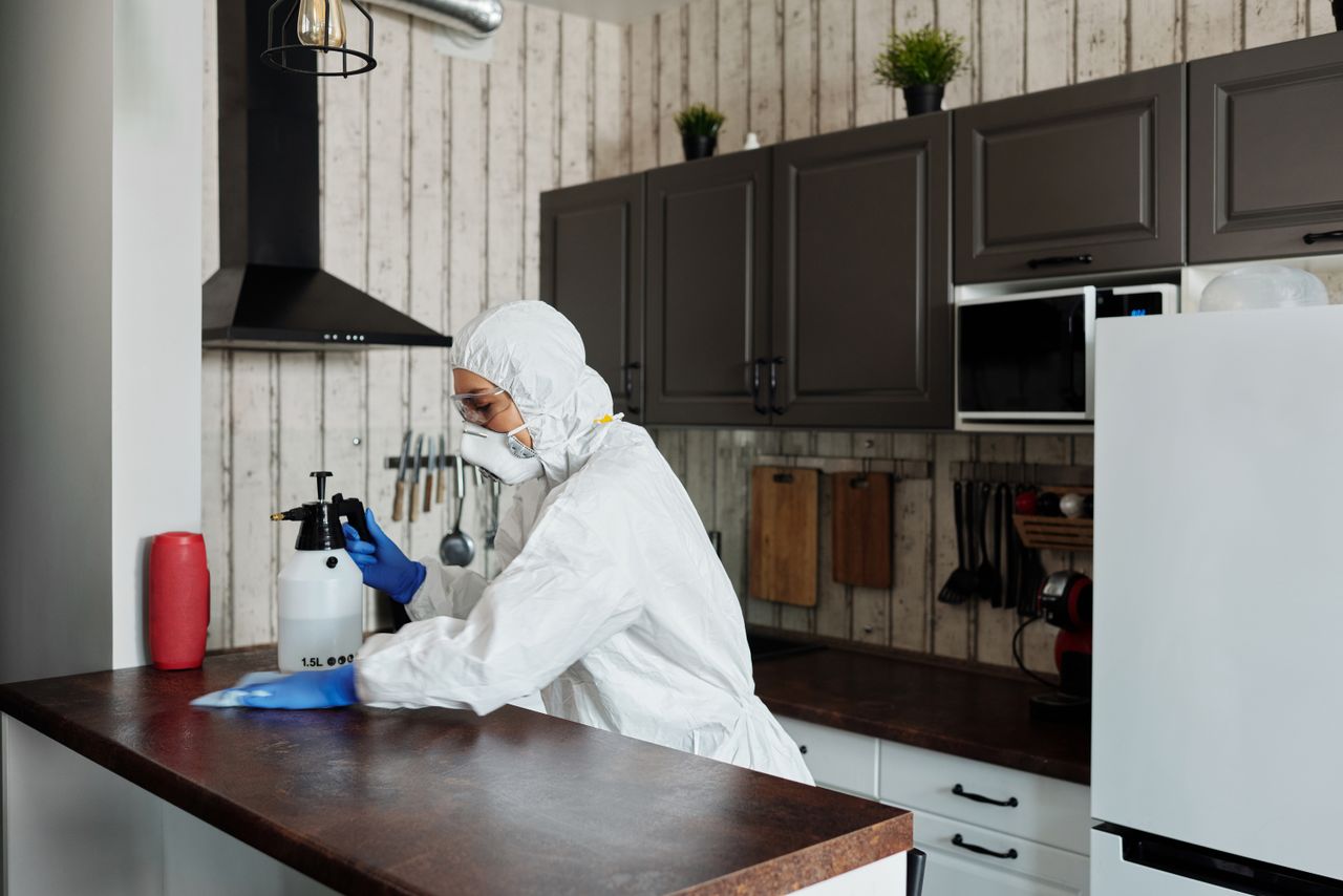 Un employé équipé de protections désinfecte une cuisine, afin de garantir un environnement propre et sûr.